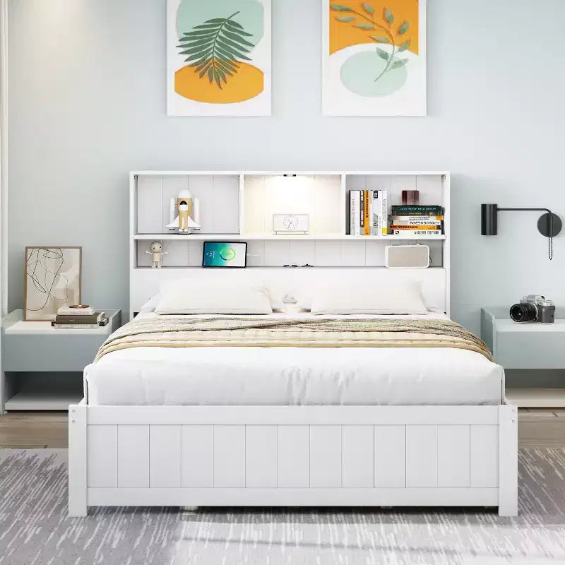 Twin Size Platform Bed, Wood Bed Frame with Bookcase Headboard, Built-in Downlight, USB Ports, and 2 Drawers -ModernLuxe