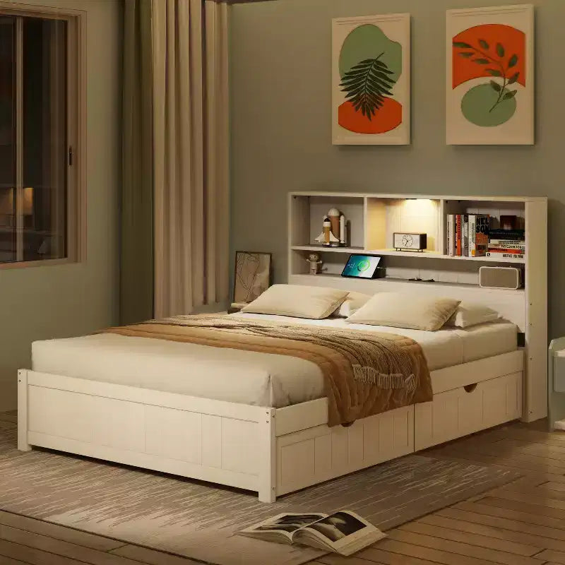 Twin Size Platform Bed, Wood Bed Frame with Bookcase Headboard, Built-in Downlight, USB Ports, and 2 Drawers -ModernLuxe