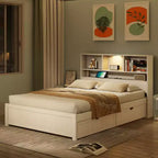Twin Size Platform Bed, Wood Bed Frame with Bookcase Headboard, Built-in Downlight, USB Ports, and 2 Drawers -ModernLuxe