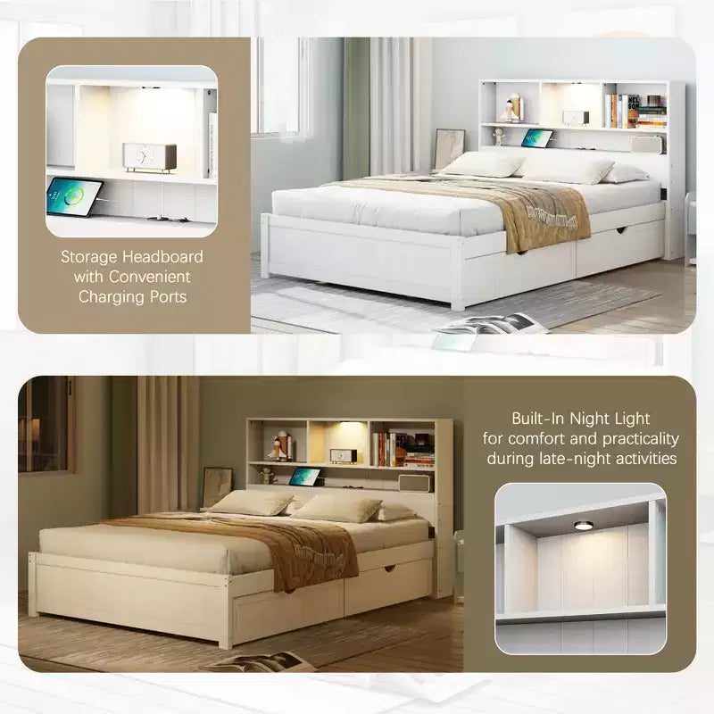 Twin Size Platform Bed, Wood Bed Frame with Bookcase Headboard, Built-in Downlight, USB Ports, and 2 Drawers -ModernLuxe