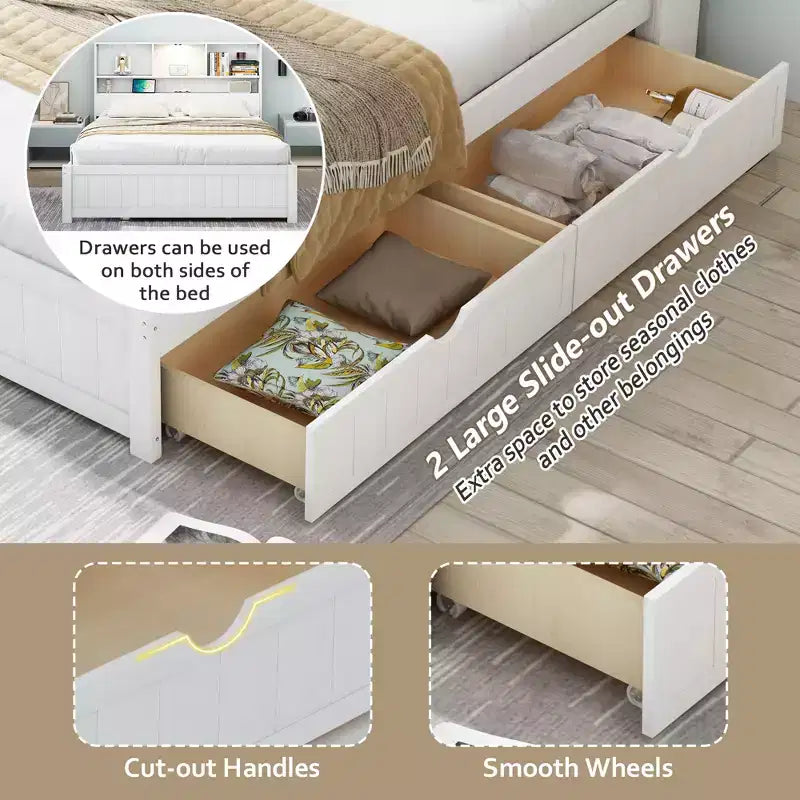 Twin Size Platform Bed, Wood Bed Frame with Bookcase Headboard, Built-in Downlight, USB Ports, and 2 Drawers -ModernLuxe