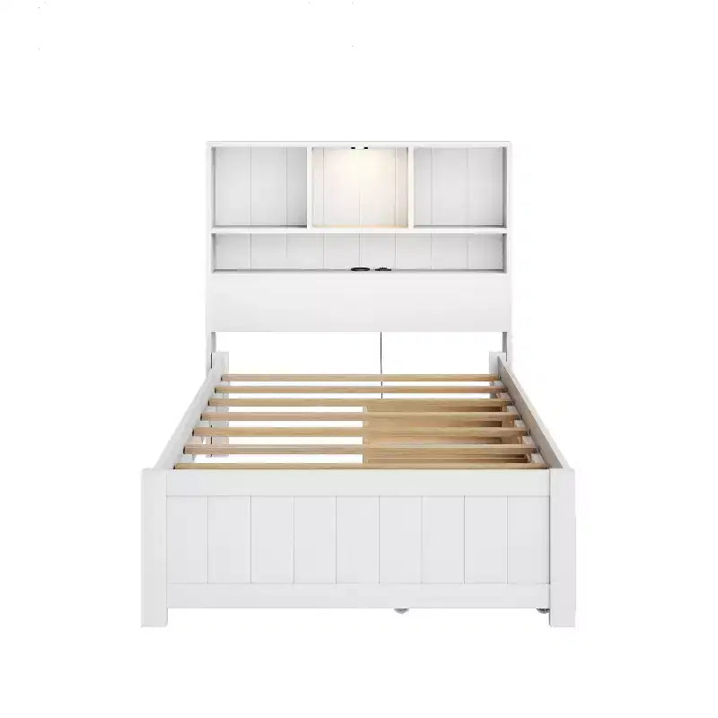 Twin Size Platform Bed, Wood Bed Frame with Bookcase Headboard, Built-in Downlight, USB Ports, and 2 Drawers -ModernLuxe