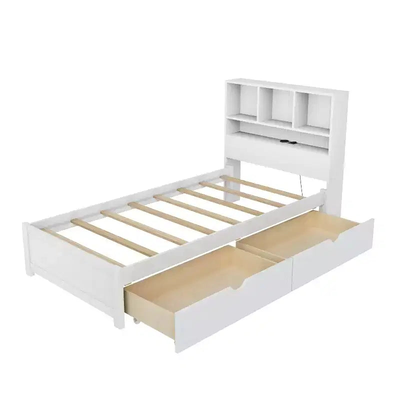 Twin Size Platform Bed, Wood Bed Frame with Bookcase Headboard, Built-in Downlight, USB Ports, and 2 Drawers -ModernLuxe
