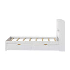 Twin Size Platform Bed, Wood Bed Frame with Bookcase Headboard, Built-in Downlight, USB Ports, and 2 Drawers -ModernLuxe