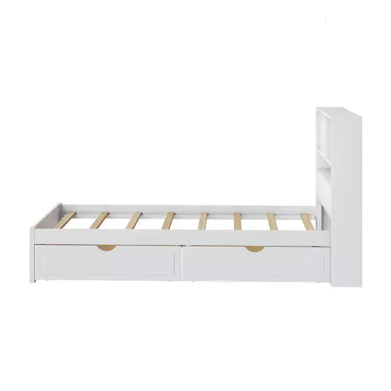 Twin Size Platform Bed, Wood Bed Frame with Bookcase Headboard, Built-in Downlight, USB Ports, and 2 Drawers -ModernLuxe
