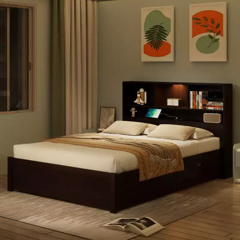 Twin Size Platform Bed, Wood Bed Frame with Bookcase Headboard, Built-in Downlight, USB Ports, and 2 Drawers -ModernLuxe