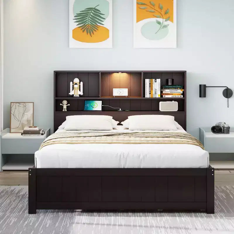 Twin Size Platform Bed, Wood Bed Frame with Bookcase Headboard, Built-in Downlight, USB Ports, and 2 Drawers -ModernLuxe