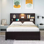 Twin Size Platform Bed, Wood Bed Frame with Bookcase Headboard, Built-in Downlight, USB Ports, and 2 Drawers -ModernLuxe