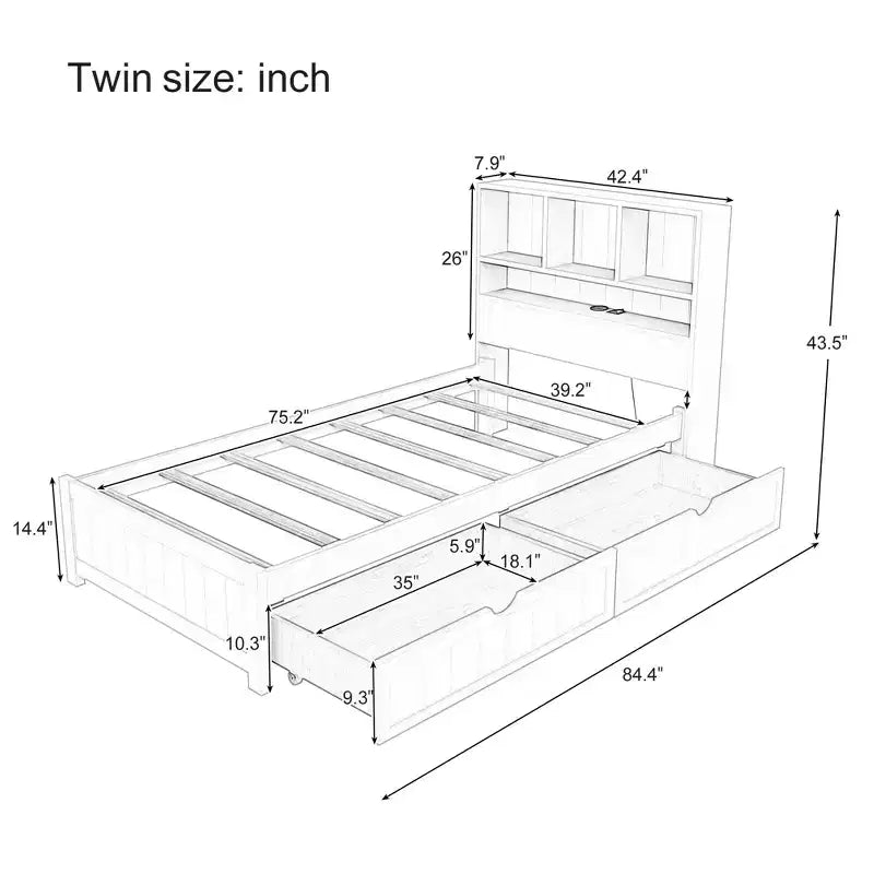 Twin Size Platform Bed, Wood Bed Frame with Bookcase Headboard, Built-in Downlight, USB Ports, and 2 Drawers -ModernLuxe
