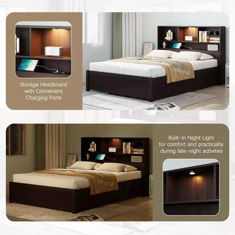 Twin Size Platform Bed, Wood Bed Frame with Bookcase Headboard, Built-in Downlight, USB Ports, and 2 Drawers -ModernLuxe
