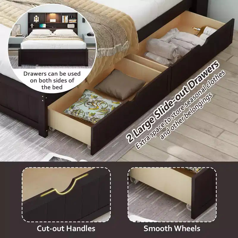 Twin Size Platform Bed, Wood Bed Frame with Bookcase Headboard, Built-in Downlight, USB Ports, and 2 Drawers -ModernLuxe