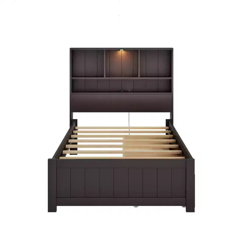 Twin Size Platform Bed, Wood Bed Frame with Bookcase Headboard, Built-in Downlight, USB Ports, and 2 Drawers -ModernLuxe
