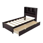 Twin Size Platform Bed, Wood Bed Frame with Bookcase Headboard, Built-in Downlight, USB Ports, and 2 Drawers -ModernLuxe