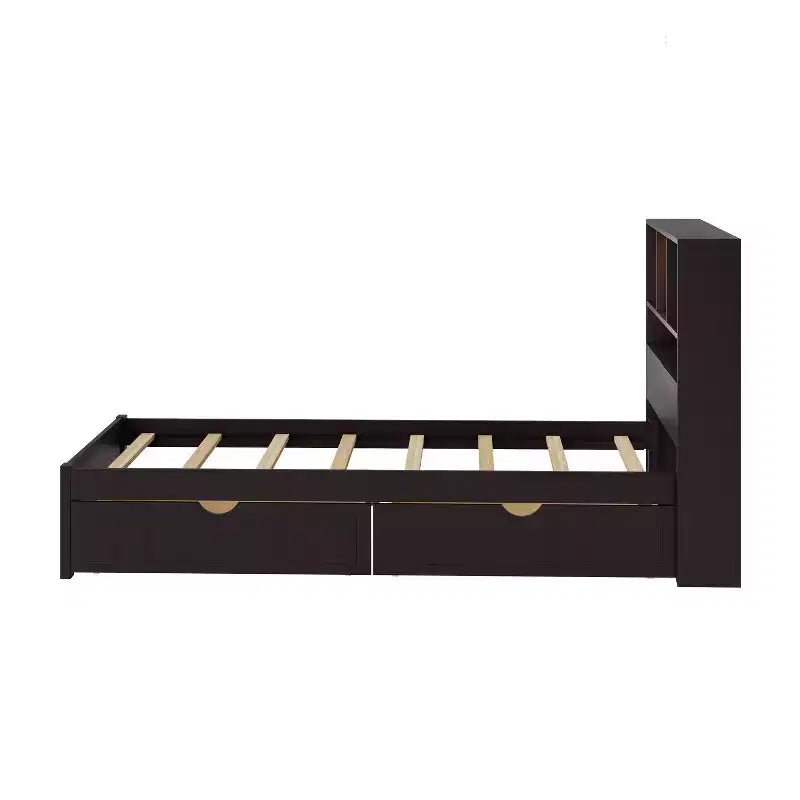 Twin Size Platform Bed, Wood Bed Frame with Bookcase Headboard, Built-in Downlight, USB Ports, and 2 Drawers -ModernLuxe