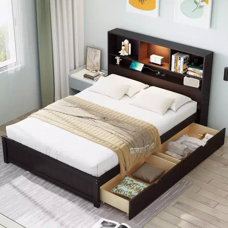 Twin Size Platform Bed, Wood Bed Frame with Bookcase Headboard, Built-in Downlight, USB Ports, and 2 Drawers -ModernLuxe