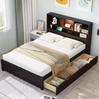 Twin Size Platform Bed, Wood Bed Frame with Bookcase Headboard, Built-in Downlight, USB Ports, and 2 Drawers -ModernLuxe