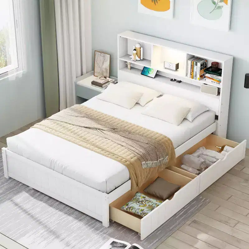 Twin Size Platform Bed, Wood Bed Frame with Bookcase Headboard, Built-in Downlight, USB Ports, and 2 Drawers -ModernLuxe