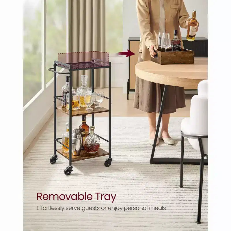 3-Tier Kitchen Serving Cart with Removable Tray, 11.8 x 13.7 x 33.9, Rustic Brown & Black, Wheels with Brakes & Leveling Feet.