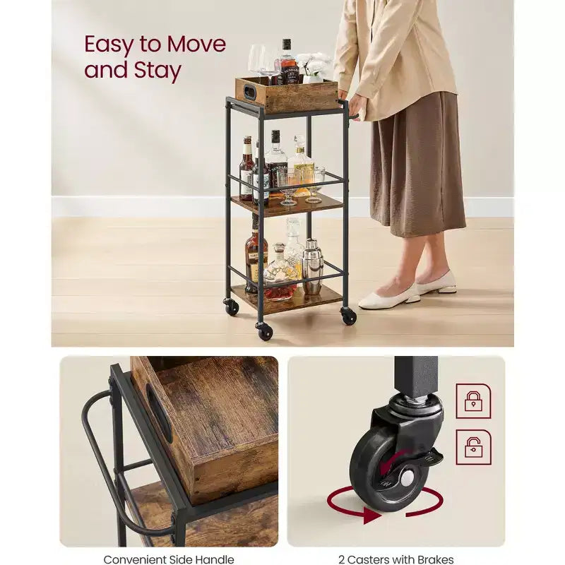 3-Tier Kitchen Serving Cart with Removable Tray, 11.8 x 13.7 x 33.9, Rustic Brown & Black, Wheels with Brakes & Leveling Feet.