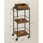 3-Tier Kitchen Serving Cart with Removable Tray, 11.8 x 13.7 x 33.9, Rustic Brown & Black, Wheels with Brakes & Leveling Feet.