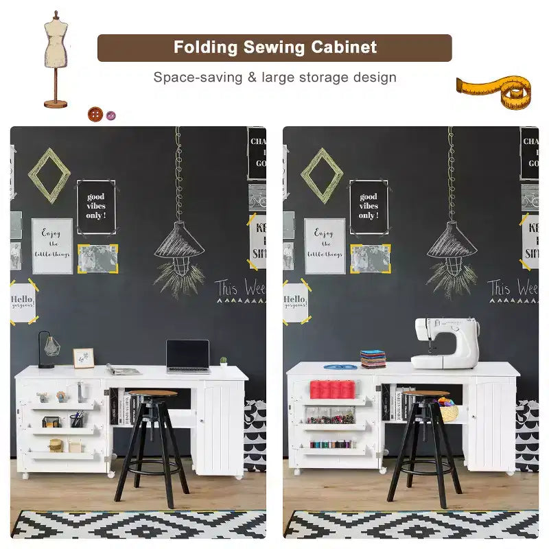 Costway Folding Sewing Table Shelves Storage Cabinet Craft Cart W/Wheels Large