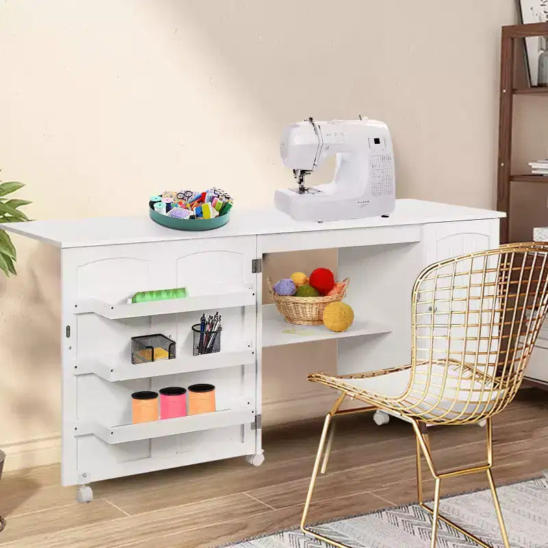 Costway Folding Sewing Table Shelves Storage Cabinet Craft Cart W/Wheels Large