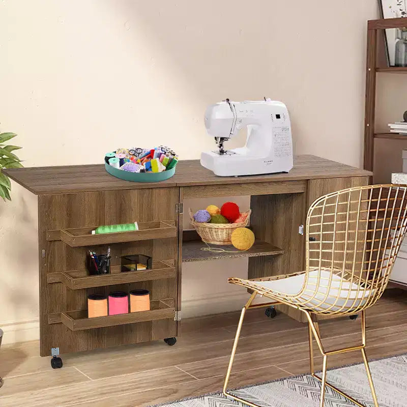 Costway Folding Sewing Table Shelves Storage Cabinet Craft Cart W/Wheels Large