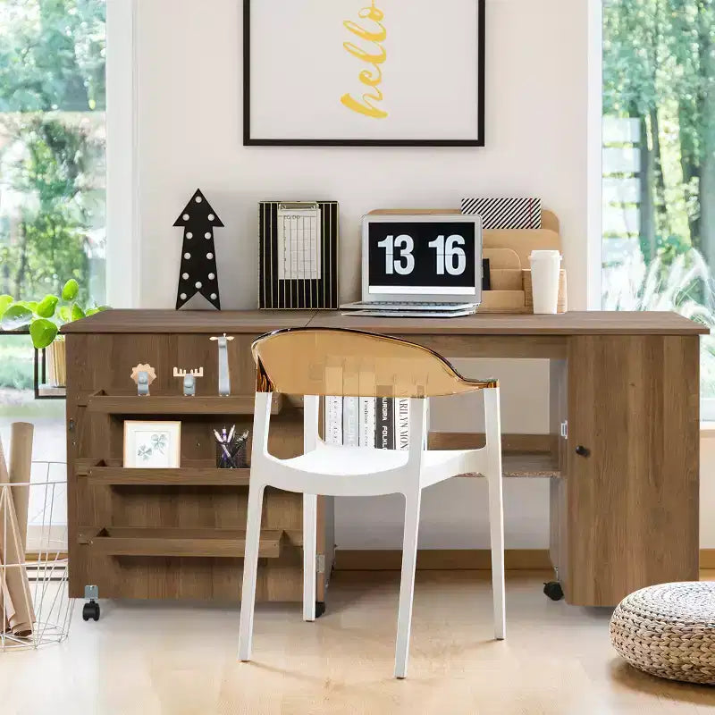 Costway Folding Sewing Table Shelves Storage Cabinet Craft Cart W/Wheels Large