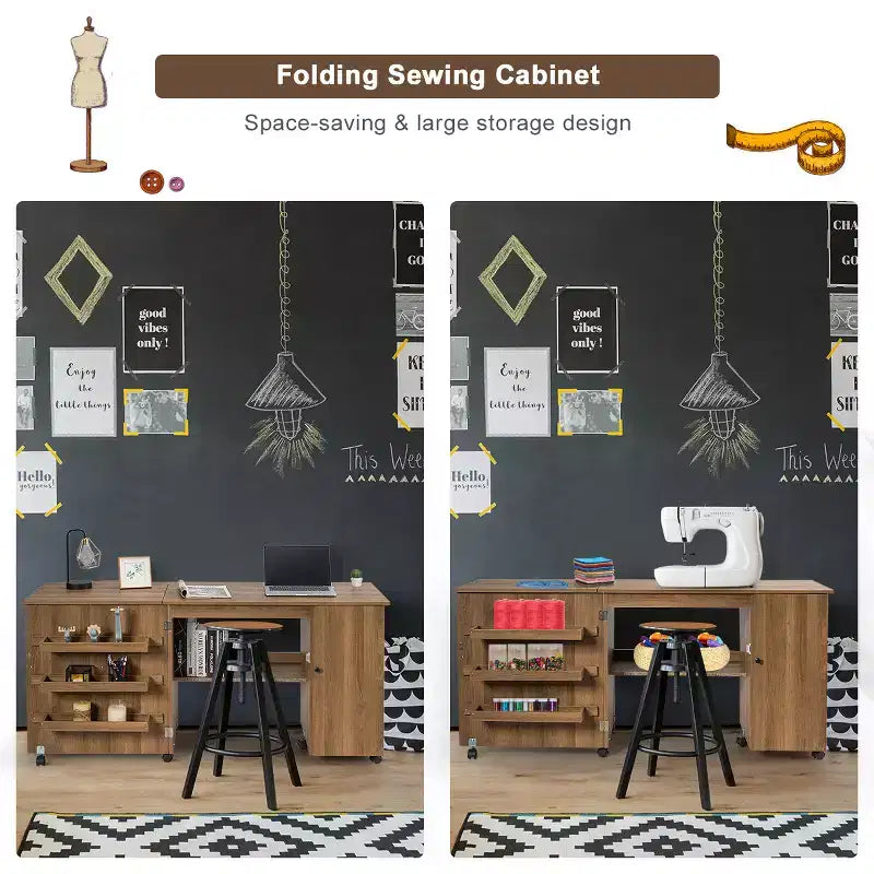 Costway Folding Sewing Table Shelves Storage Cabinet Craft Cart W/Wheels Large
