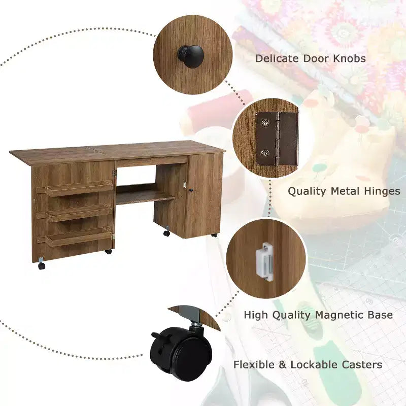 Costway Folding Sewing Table Shelves Storage Cabinet Craft Cart W/Wheels Large