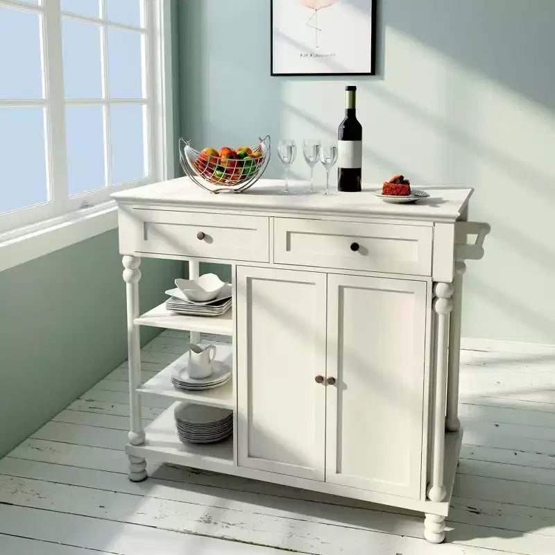 eHemco Wood Euro Kitchen Island with Storage Cabinet, 2 Drawers and 3 Open Shelves, White