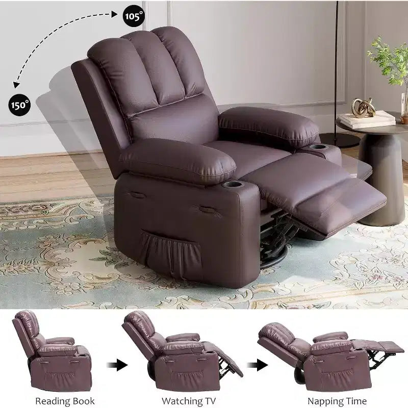 Manual PU Leather Recliner Chair - 26.8 Ergonomic Design with Cup Holders & Storage, for Home Theater, Living Room