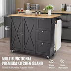 VEVOR Kitchen Island Cart, 56 Wood Top Mobile Carts with Storage Cabinet, Rolling Table with Drop Leaf, Spice Rack, Towel Bar, Adjustable Shelf