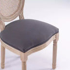 Dining Chairs Set of 2 French Country, Rattan Upholstered Vintage Farmhouse Fabric, Round Back, Solid Wood Legs, Grey