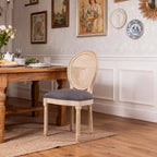 Dining Chairs Set of 2 French Country, Rattan Upholstered Vintage Farmhouse Fabric, Round Back, Solid Wood Legs, Grey