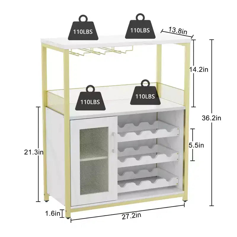 Gold Industrial Wine Bar Cabinet C 12-Bottle Storage with Removable Glass Holder C Sideboard for Living Room, Kitchen & Dining Room
