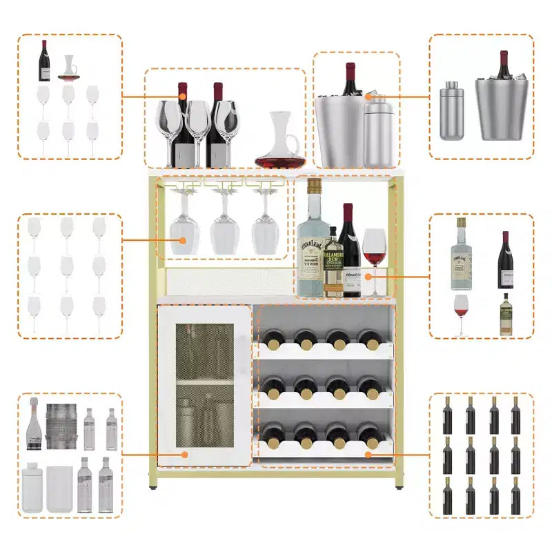 Gold Industrial Wine Bar Cabinet C 12-Bottle Storage with Removable Glass Holder C Sideboard for Living Room, Kitchen & Dining Room