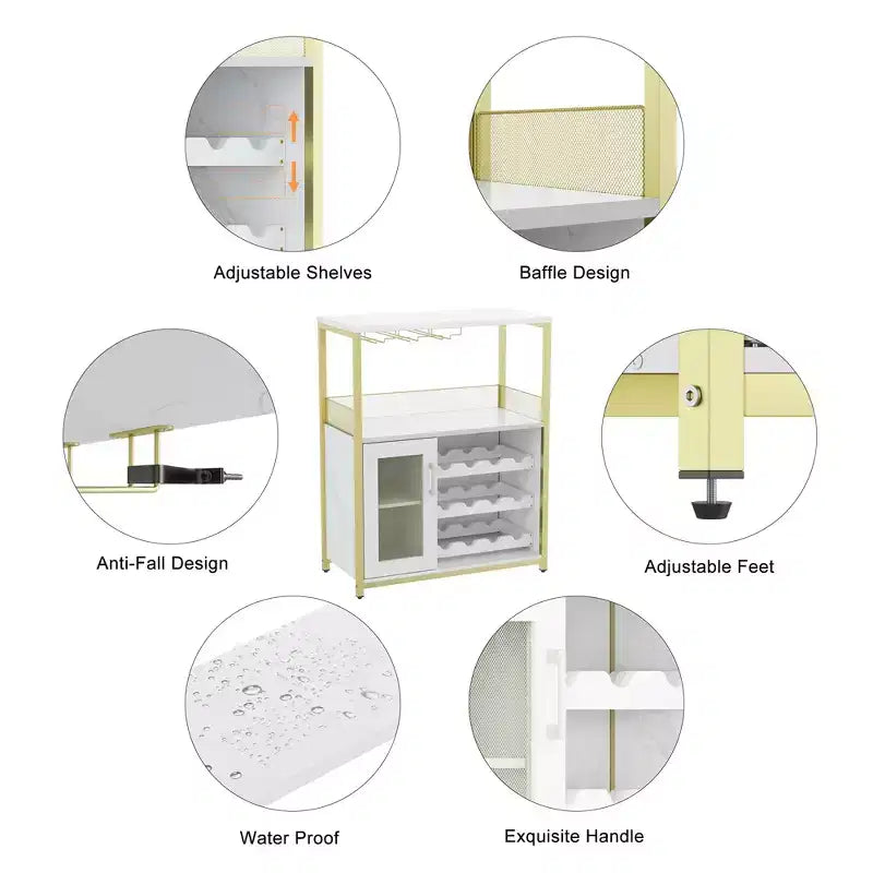Gold Industrial Wine Bar Cabinet C 12-Bottle Storage with Removable Glass Holder C Sideboard for Living Room, Kitchen & Dining Room