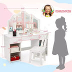Acekool Kids Vanity Set with Detachable Tri-Folding Mirror, Storage Drawers & Shelves, Makeup Desk & Chair for Girls Bedroom