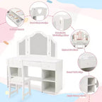 Acekool Kids Vanity Set with Detachable Tri-Folding Mirror, Storage Drawers & Shelves, Makeup Desk & Chair for Girls Bedroom