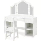 Acekool Kids Vanity Set with Detachable Tri-Folding Mirror, Storage Drawers & Shelves, Makeup Desk & Chair for Girls Bedroom