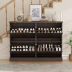 Fluted Wooden Shoe Cabinet with 4 Flip Drawers, Slim Freestanding Shoe Organizer, Adjustable & Removable Shelves for Entryway or Hallway Storage
