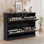 Fluted Wooden Shoe Cabinet with 4 Flip Drawers, Slim Freestanding Shoe Organizer, Adjustable & Removable Shelves for Entryway or Hallway Storage
