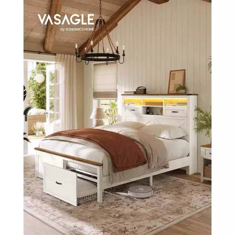 VASAGLE Queen Bed Frame with Storage Headboard, 4 Drawers, Noise-Free, No Box Spring Needed, Rustic White