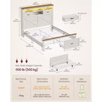 VASAGLE Queen Bed Frame with Storage Headboard, 4 Drawers, Noise-Free, No Box Spring Needed, Rustic White