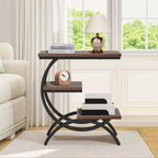 TUYOHW Industrial C-Shape End Table,3-Tier Side Table with Rustic Brown Top & Black Metal Frame,25.6 Height