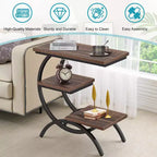 TUYOHW Industrial C-Shape End Table,3-Tier Side Table with Rustic Brown Top & Black Metal Frame,25.6 Height