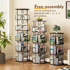 VIYET 62 5-Tier 360 Rotating Bookshelf Tower, Walnut Brown MDF+Iron Narrow Tall Spinning Bookcase (Space-Saving Storage Organizer)