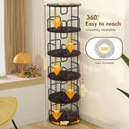 VIYET 62 5-Tier 360 Rotating Bookshelf Tower, Walnut Brown MDF+Iron Narrow Tall Spinning Bookcase (Space-Saving Storage Organizer)