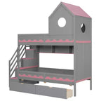Twin Over Twin Bunk Bed Playful Kids House Bed with LED Lights, Storage Drawers & Staircase - ModernLuxe